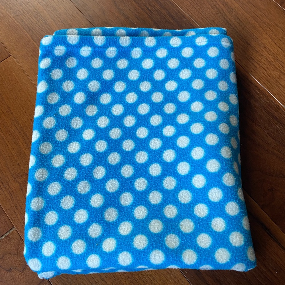 Blue Fleece Travel Blanket with White Polka Dots